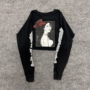 Selena Crop Top Womens Size S Black Long Sleeve Graphic Rose Print Raw Hem Tee